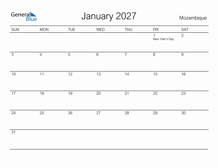 Printable January 2027 Calendar for Mozambique