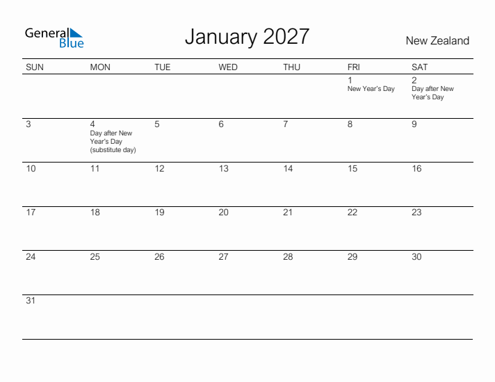 Printable January 2027 Calendar for New Zealand