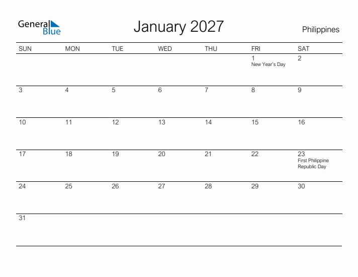 Printable January 2027 Calendar for Philippines