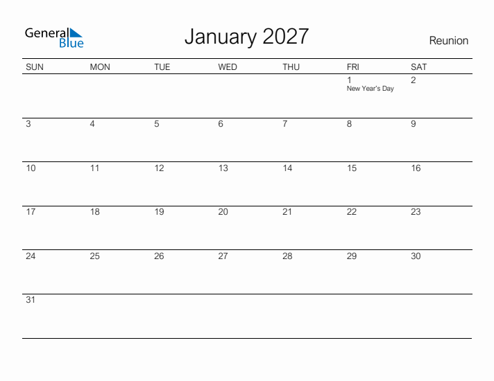 Printable January 2027 Calendar for Reunion