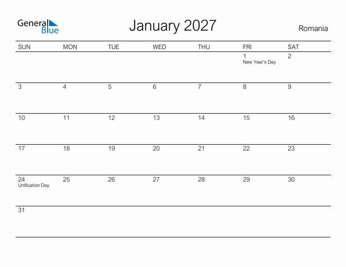 Printable January 2027 Calendar for Romania