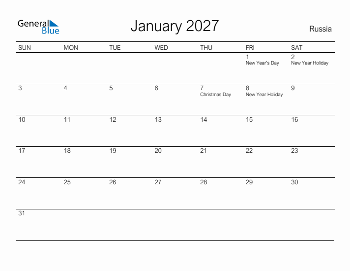 Printable January 2027 Calendar for Russia