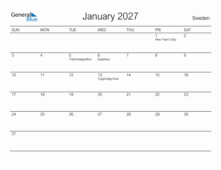 Printable January 2027 Calendar for Sweden
