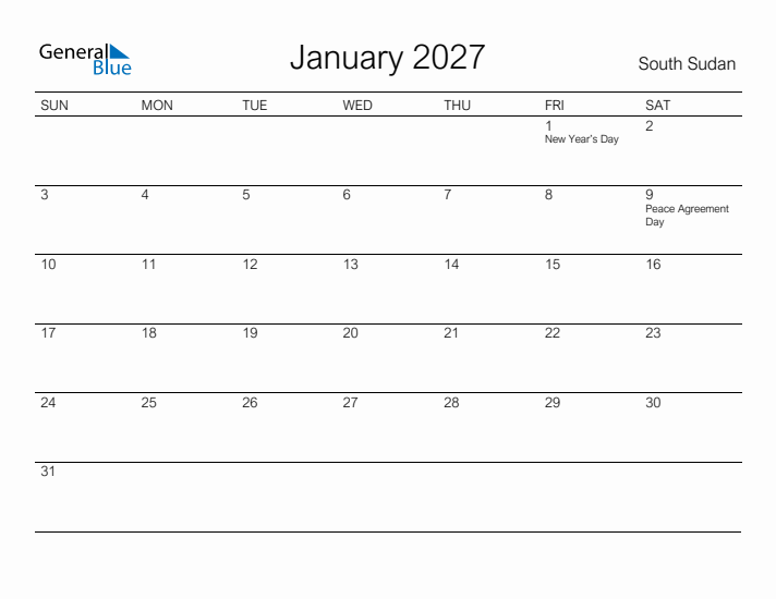 Printable January 2027 Calendar for South Sudan