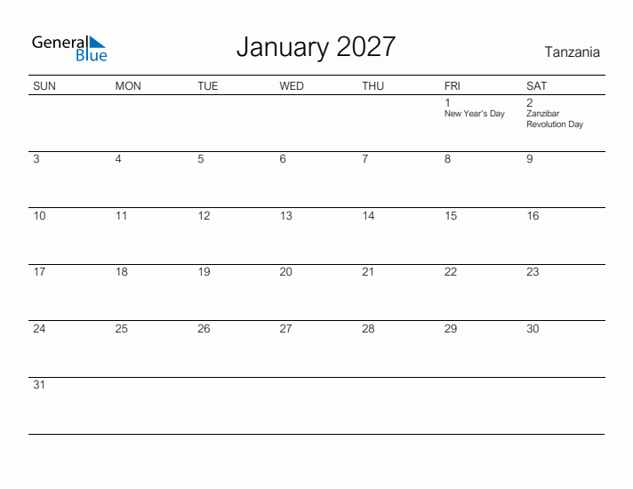 Printable January 2027 Calendar for Tanzania