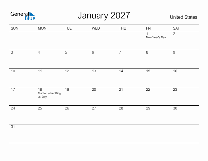Printable January 2027 Calendar for United States