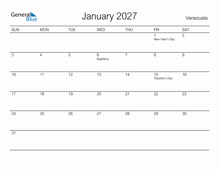 Printable January 2027 Calendar for Venezuela