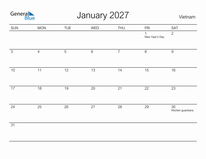 Printable January 2027 Calendar for Vietnam