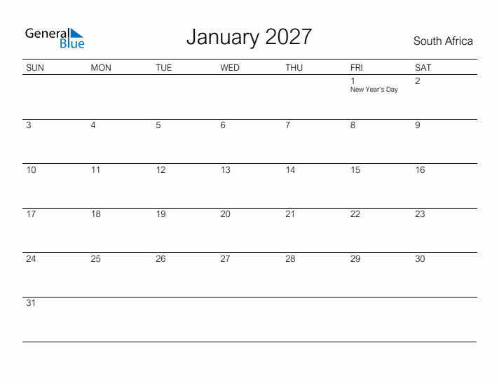 Printable January 2027 Calendar for South Africa