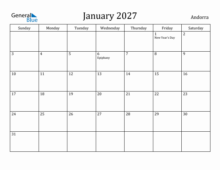 January 2027 Calendar Andorra