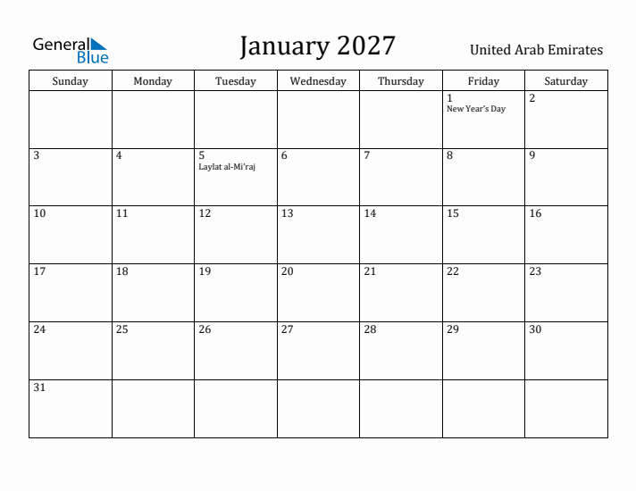 January 2027 Calendar United Arab Emirates