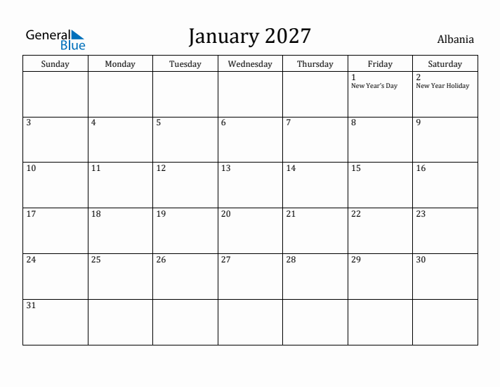 January 2027 Calendar Albania