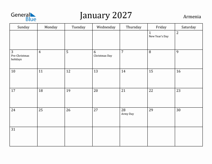 January 2027 Calendar Armenia