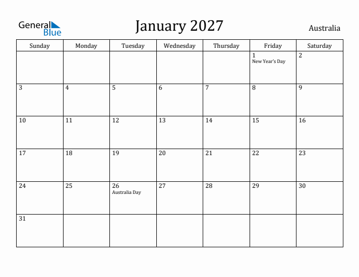 January 2027 Calendar Australia