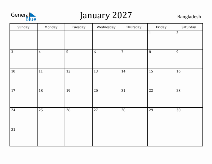 January 2027 Calendar Bangladesh