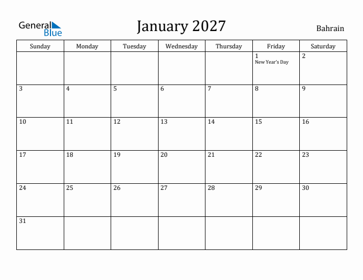 January 2027 Calendar Bahrain