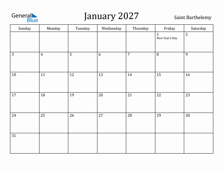 January 2027 Calendar Saint Barthelemy