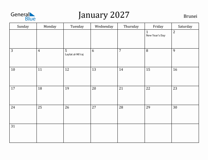 January 2027 Calendar Brunei