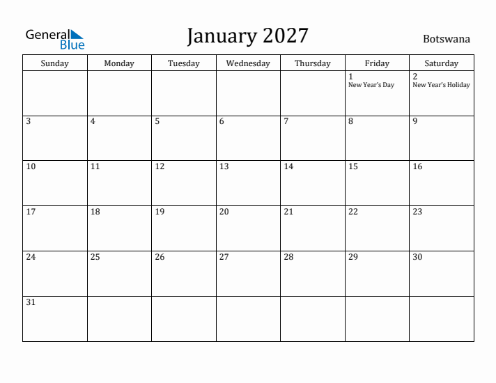 January 2027 Calendar Botswana