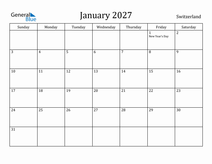 January 2027 Calendar Switzerland