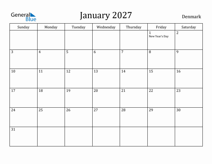 January 2027 Calendar Denmark