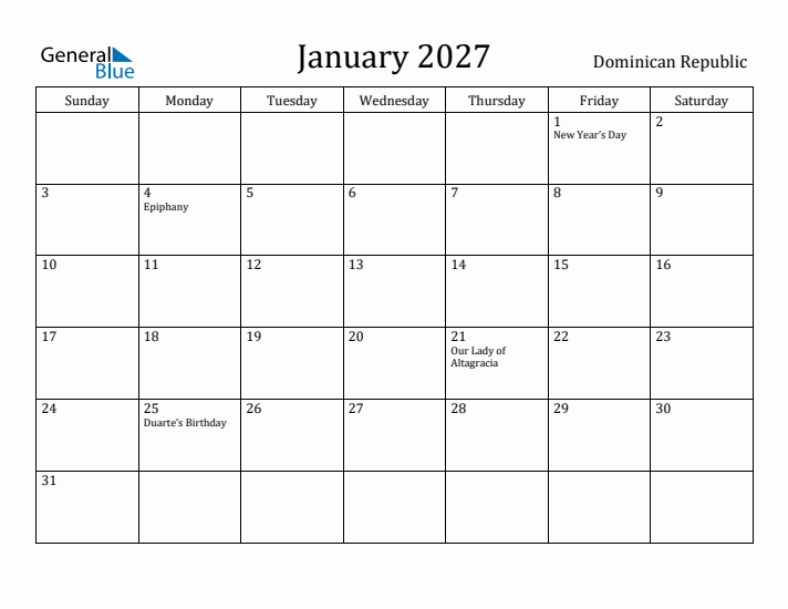 January 2027 Calendar Dominican Republic