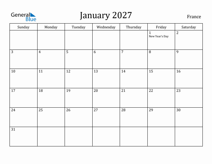 January 2027 Calendar France