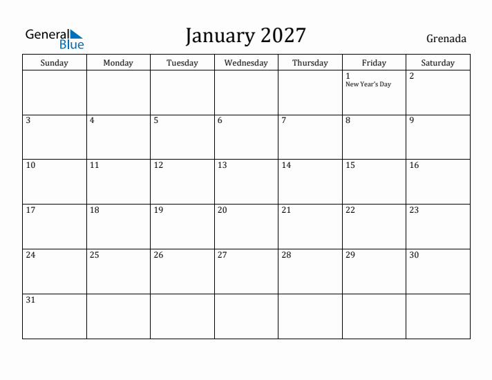 January 2027 Calendar Grenada