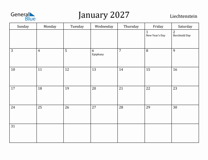 January 2027 Calendar Liechtenstein