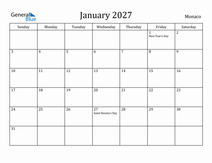 January 2027 Calendar Monaco