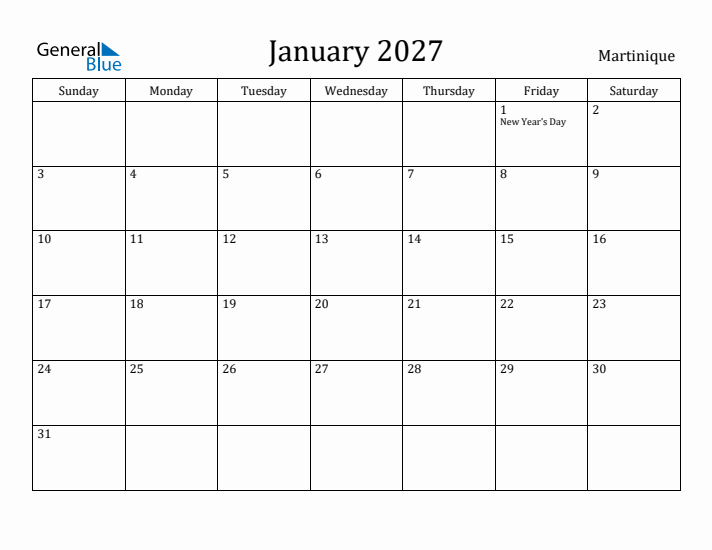 January 2027 Calendar Martinique