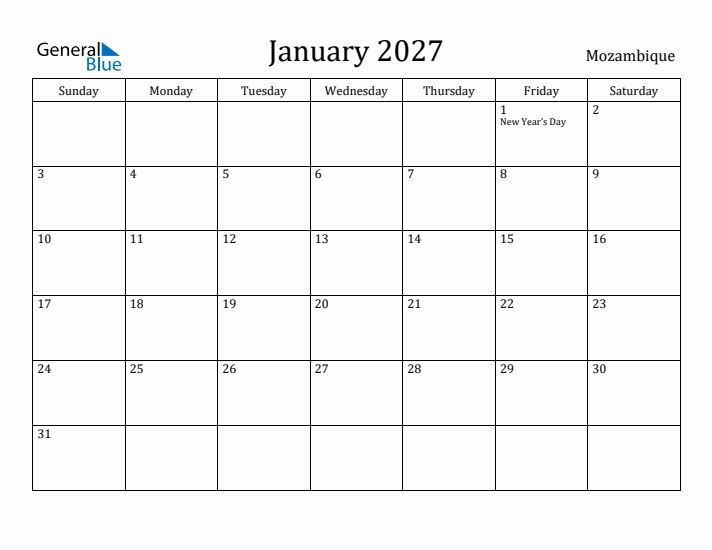 January 2027 Calendar Mozambique