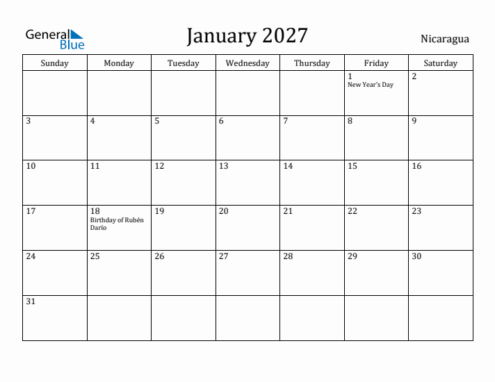January 2027 Calendar Nicaragua