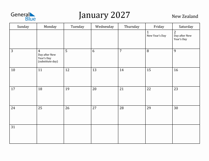 January 2027 Calendar New Zealand