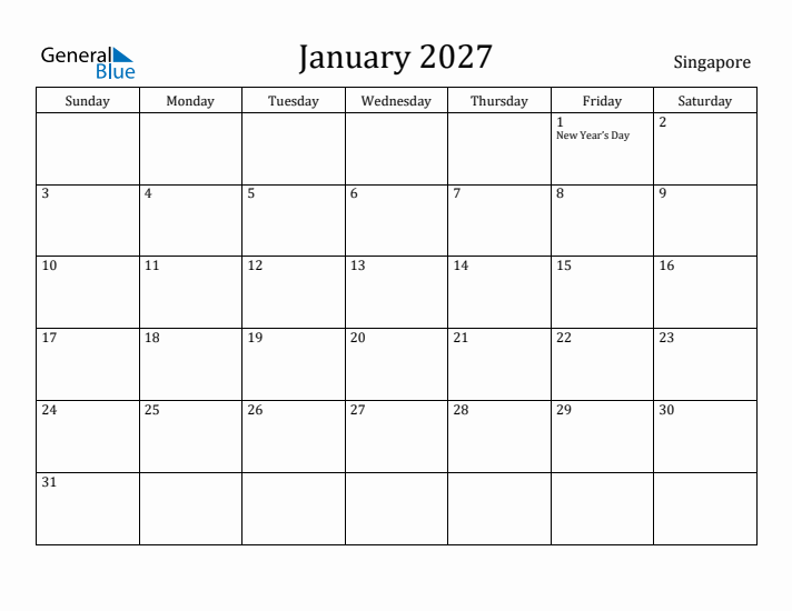 January 2027 Calendar Singapore