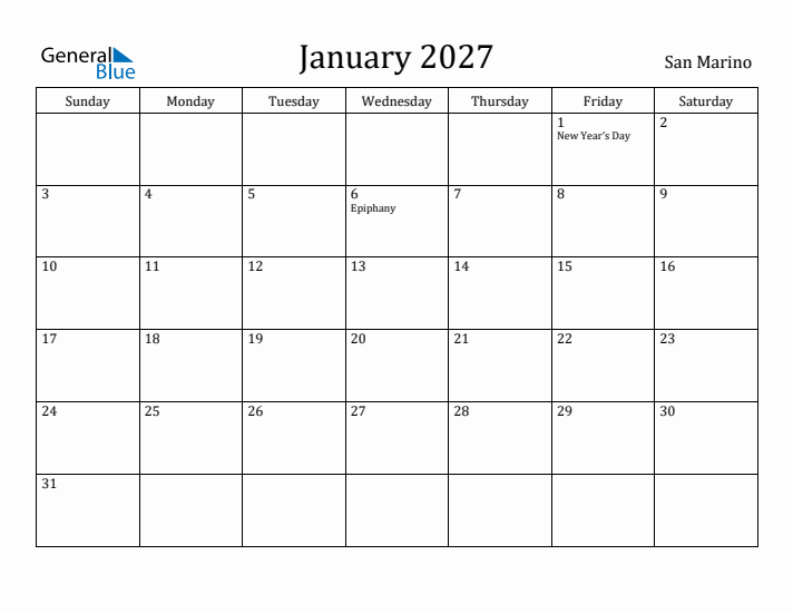 January 2027 Calendar San Marino