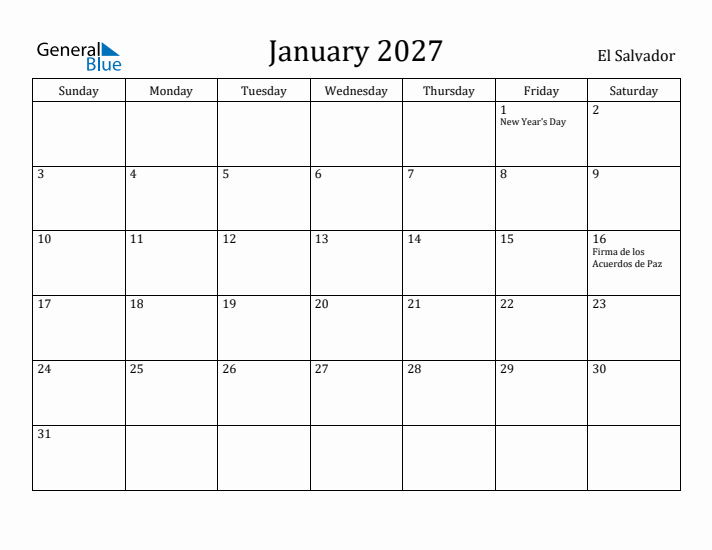 January 2027 Calendar El Salvador