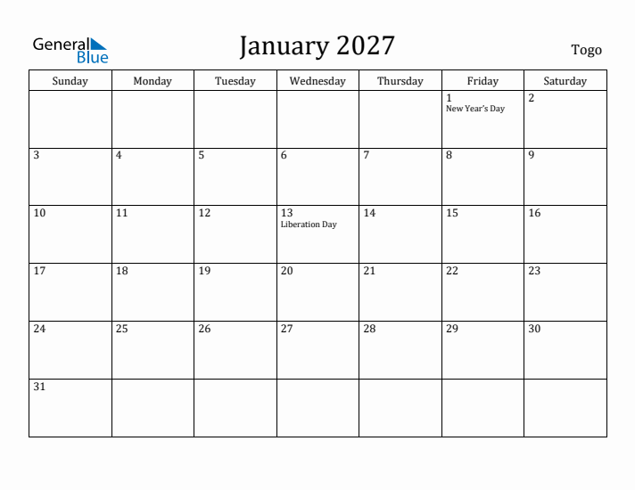 January 2027 Calendar Togo