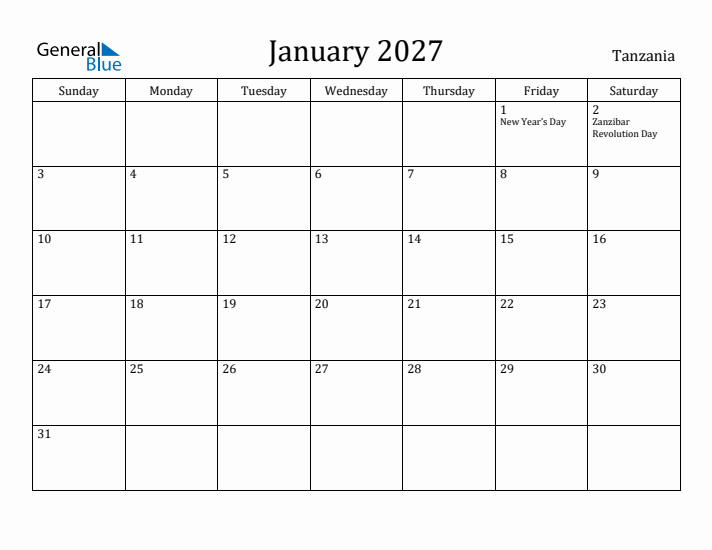 January 2027 Calendar Tanzania