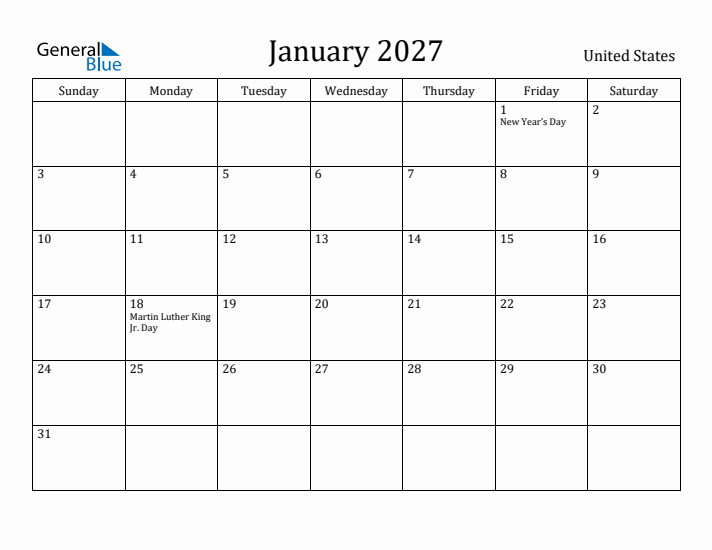 January 2027 Calendar United States