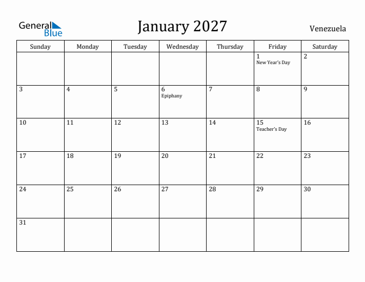 January 2027 Calendar Venezuela