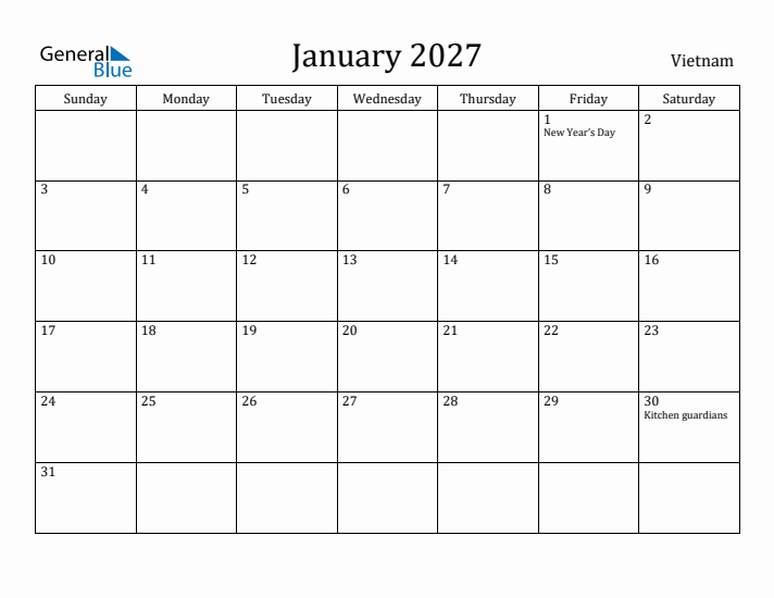 January 2027 Calendar Vietnam