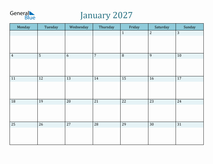 January 2027 Printable Calendar