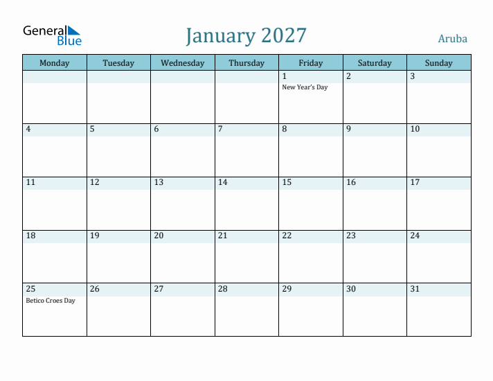 January 2027 Calendar with Holidays