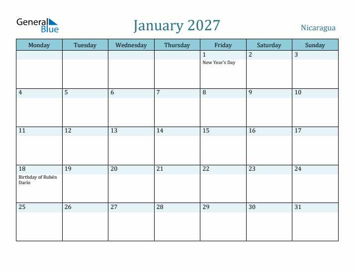 January 2027 Calendar with Holidays