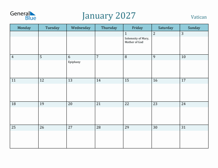 January 2027 Calendar with Holidays