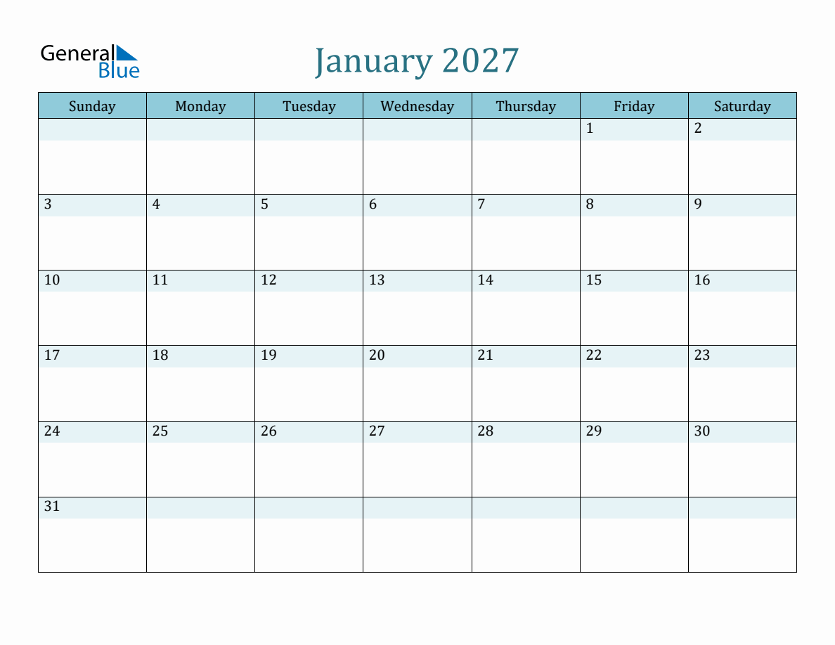 January 2027 Monthly Calendar Template (Sunday Start)