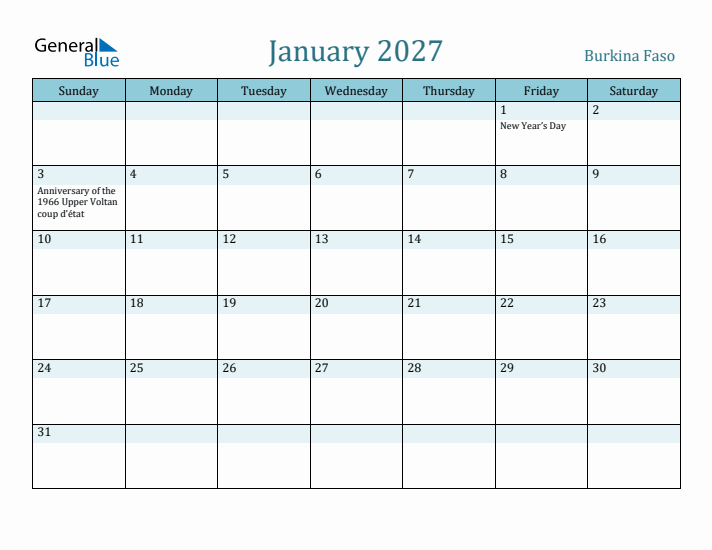 January 2027 Calendar with Holidays
