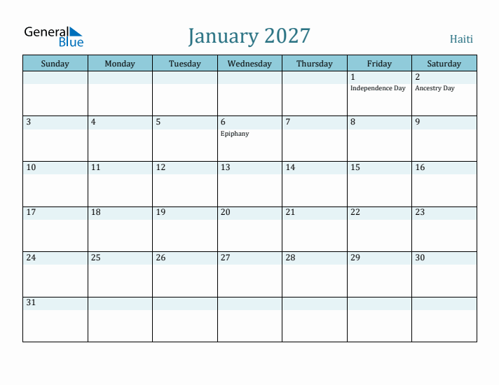 January 2027 Calendar with Holidays