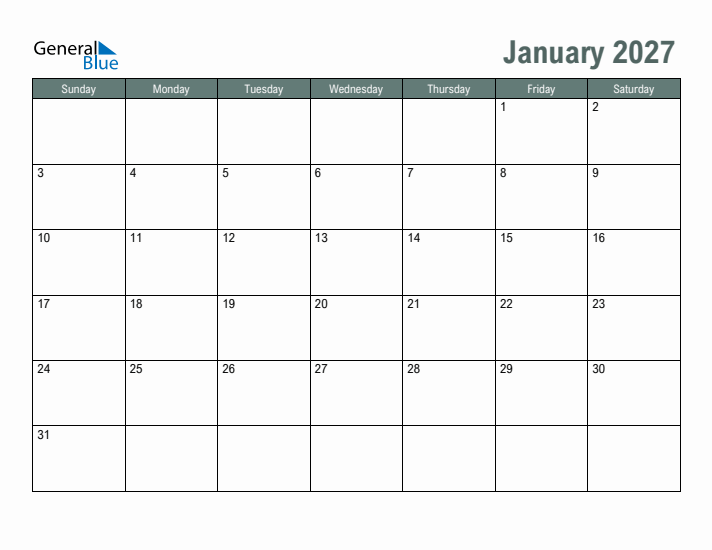 Free Printable January 2027 Calendar